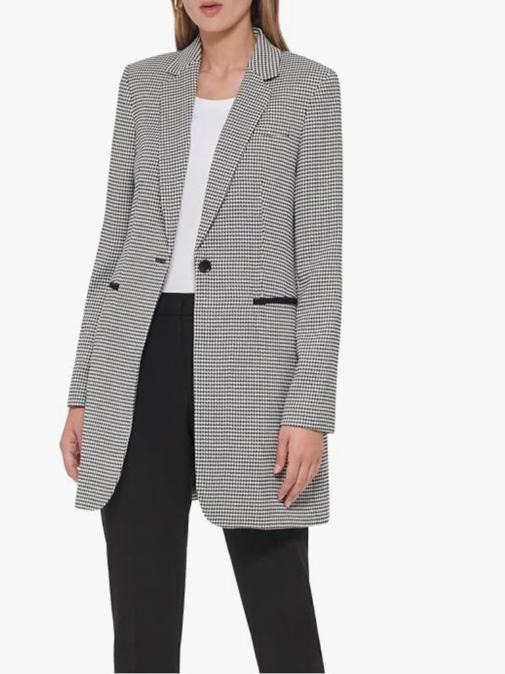 Tommy Hilfiger Black and White Houndstooth Long Blazer